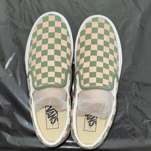 VANS CLASSIC SLIPON CHECKERBOARD PLATFORM PINE FOREST/ROSE PINK